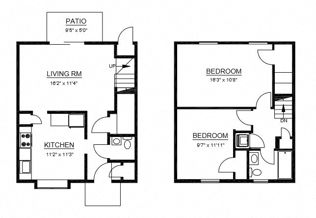 Floor plan for 2 beds, 1.5 baths, 1057 sqft